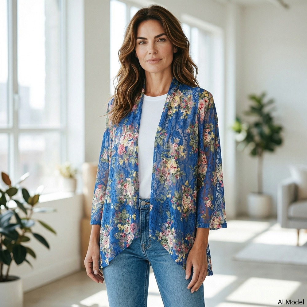 Slinky Brand Floral Lace Cardigan Women M Blue Sheer Open Front Kimono‎ 7099-FA